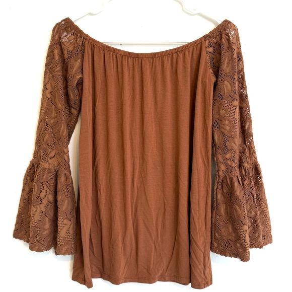 2/$30 Vava by Joy Han - Brown Off-The-Shoulder Top with Lace Bell Sleeves –Small - Picture 7 of 7